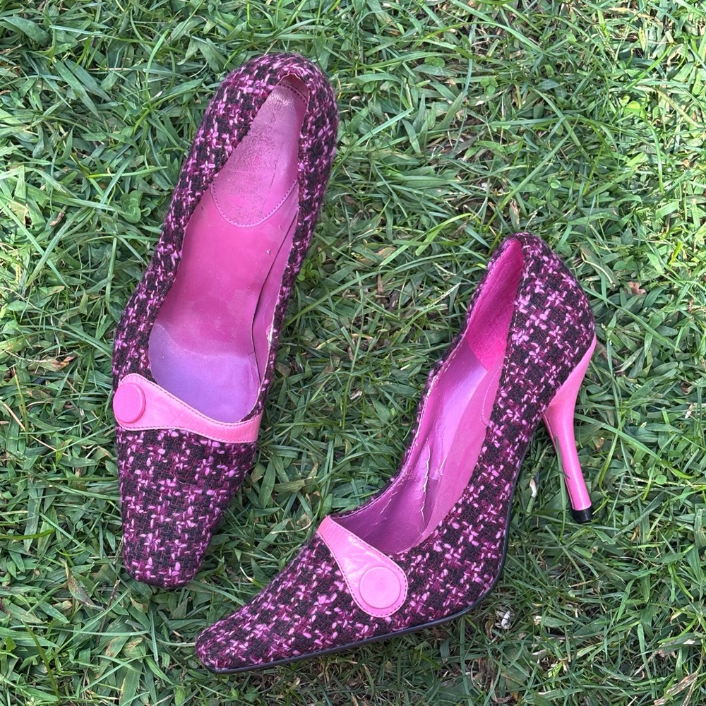 Y2K Bandolinos pink tweed square toe heels size 9